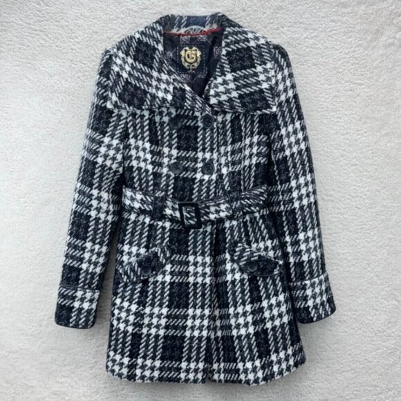 Guess Black White Houndstooth Double Breasted Jacket S/P Belted Lined Pockets - Picture 1 of 15